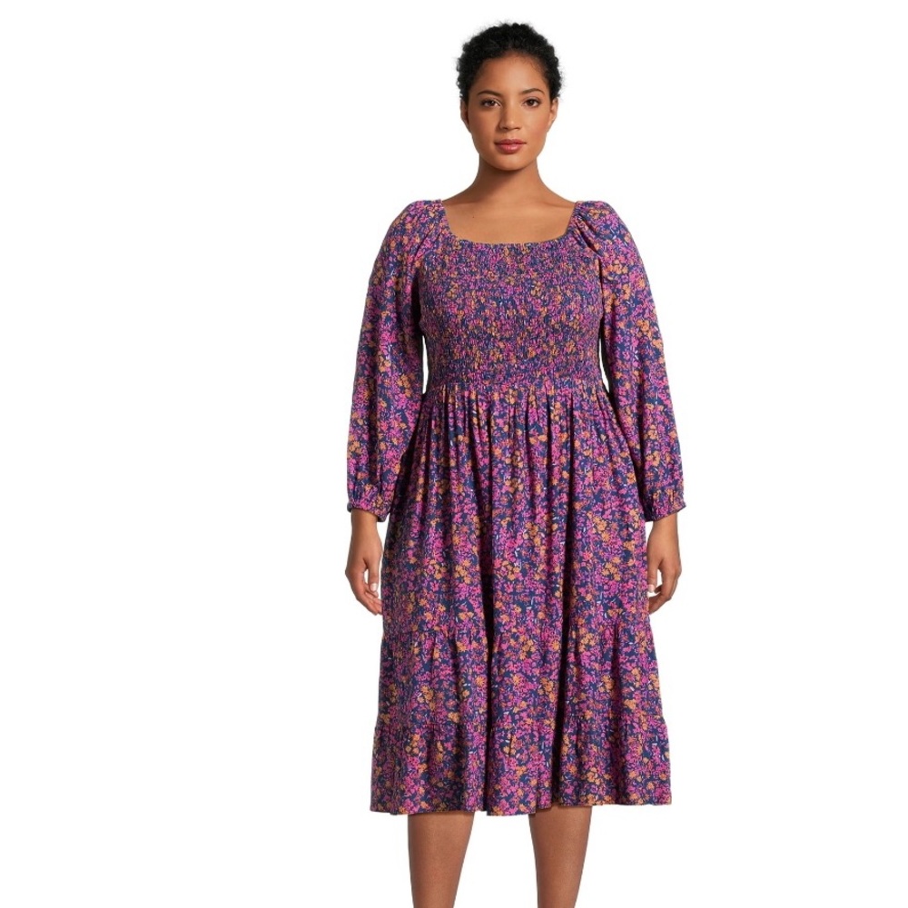 NWT Terra & Sky Women’s 0X floral smocked top midi dress